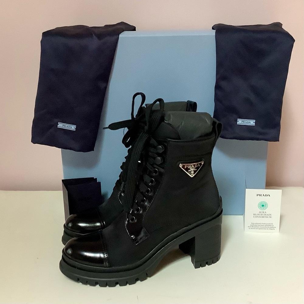 BNIB Prada Re-Nylon and Leather Combat Block Heel Boot sz.36.5